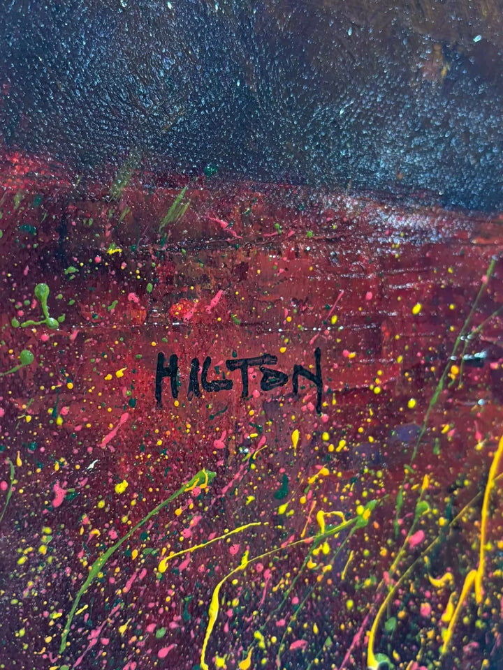 A Barry Hilton original of a yellow field with a pink calm sky, the title is The Luminescence