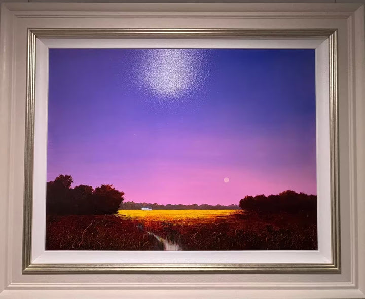 A Barry Hilton original of a yellow field with a pink calm sky, the title is The Luminescence