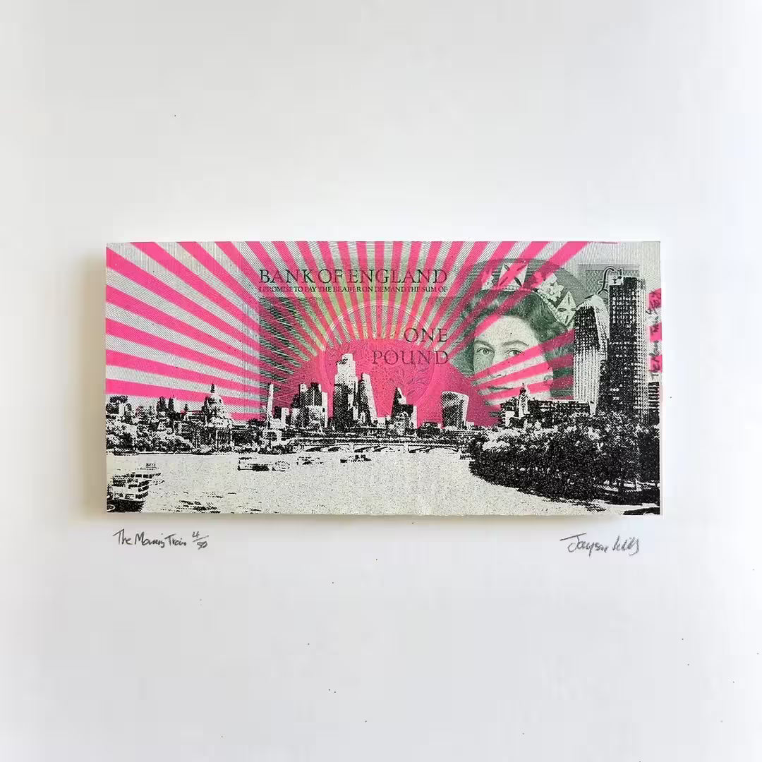 A Jayson Lilley limited edition screen print of a one pound note with a view of London screen printed over the top, the title is The Morning Train