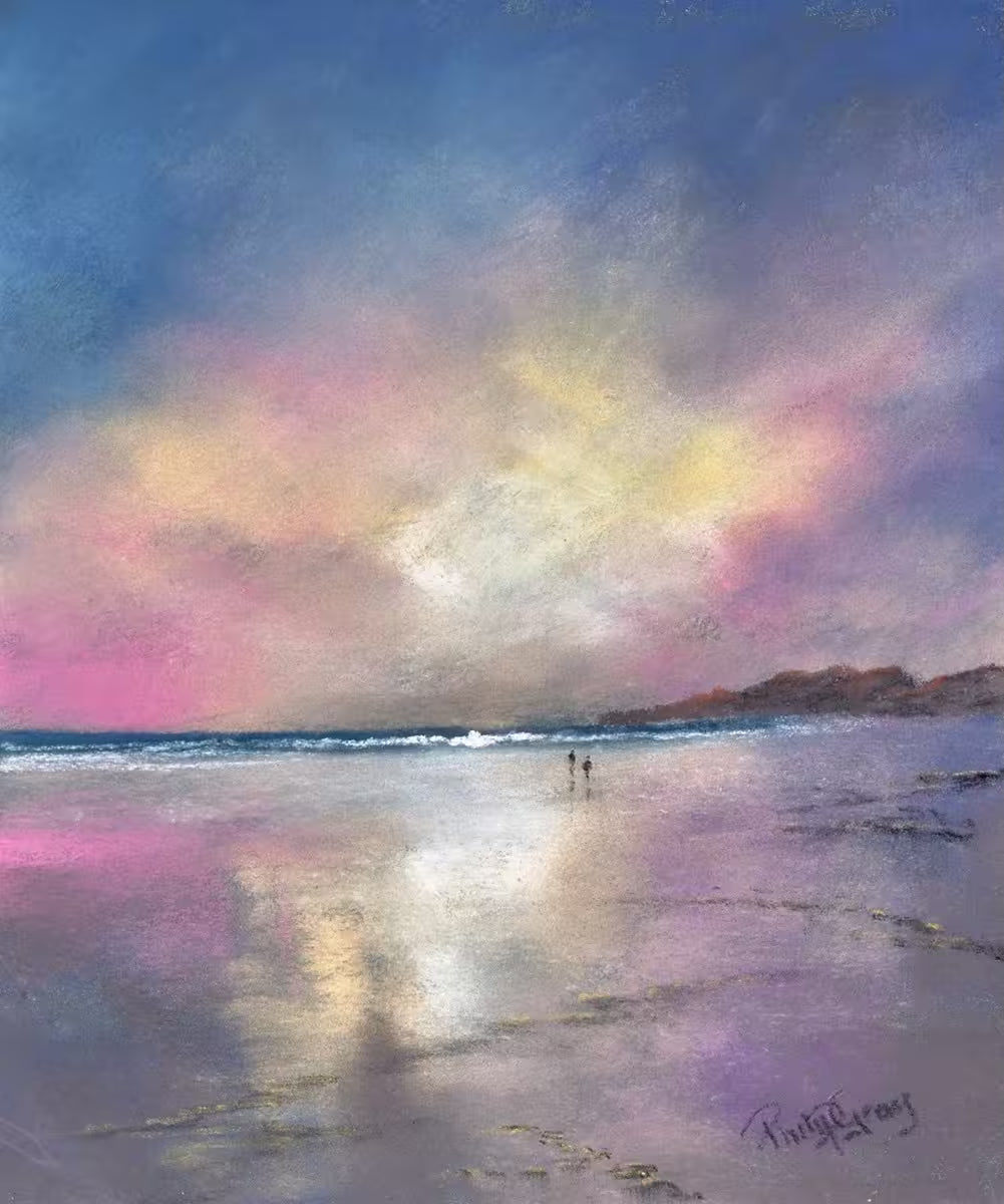 A Philip Gray original of a purple sunset and two people walking, the title is The Quiet Shoreline