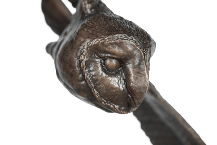 Bronze head of a creature on a white background, The Watcher by Dean Kendrick