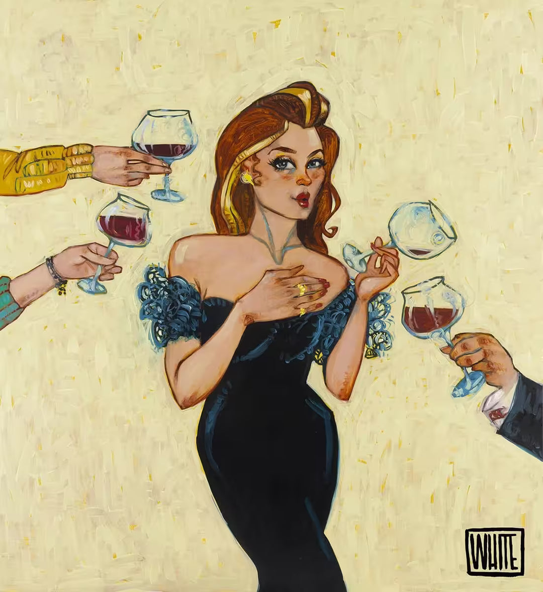 A Todd White limited edition of a lady in a black dress and an empty wine glass being offered more wine, the title is These Cost?
