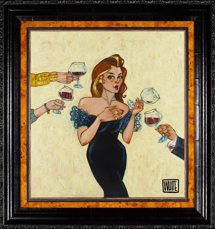 A Todd White framed limited edition of a lady in a black dress and an empty wine glass being offered more wine, the title is These Cost?