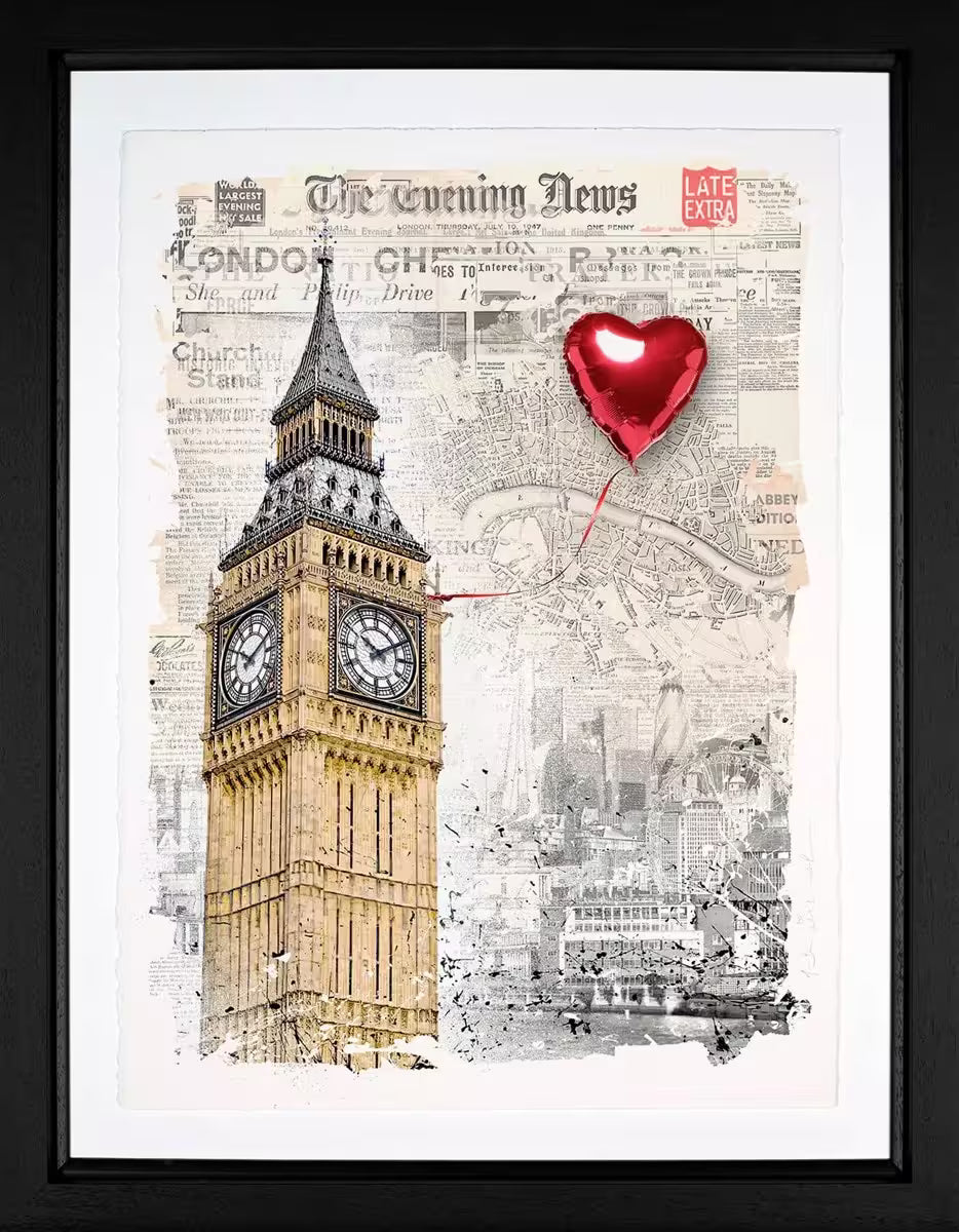 A Mr Brainwash framed limited edition of Big Ben with a red heart shaped balloon attached to it in front of newspaper clippings of London, the title is Time for Love