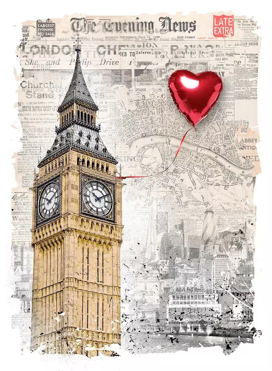 A Mr Brainwash limited edition of Big Ben with a red heart shaped balloon attached to it in front of newspaper clippings of London, the title is Time for Love