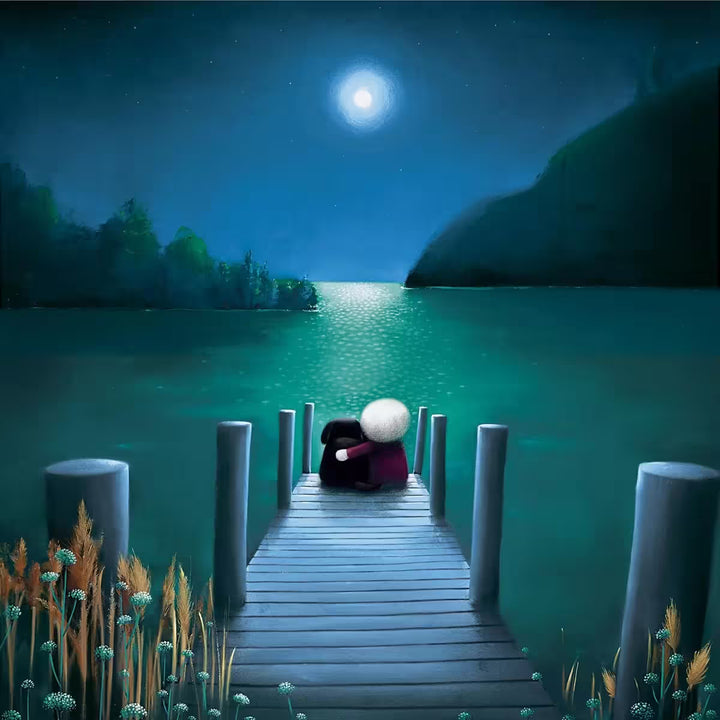 A Doug Hyde limited edition of a person with their arm around a black dog sat in front of a lake and the moon is up shining over them, the title is Times Like These