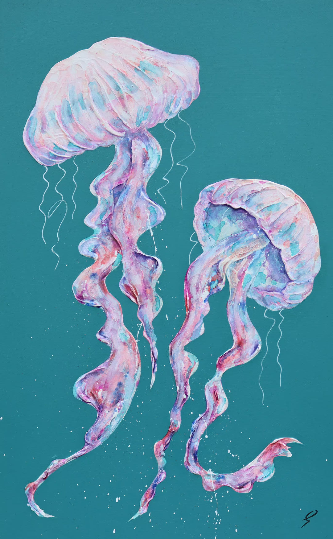 A Giles Ward original of two jellyfish, the title is To The Deep