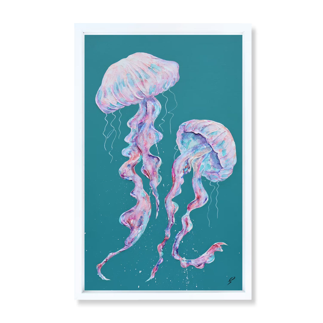 A Giles Ward original of two jellyfish, the title is To The Deep