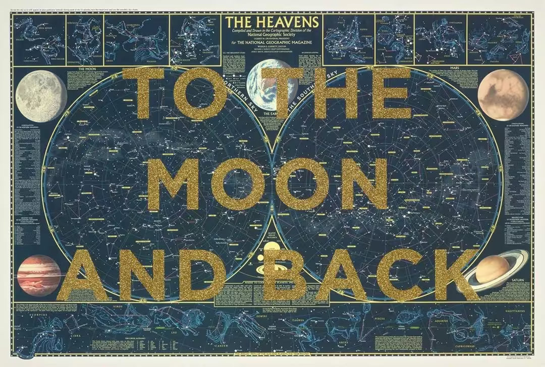 A limited edition by The Real Hackney Dave of an astrological chart with screenprint over the top, the title is To The Moon and Back