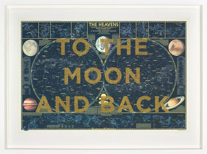 A limited edition by The Real Hackney Dave of an astrological chart with screenprint over the top, the title is To The Moon and Back