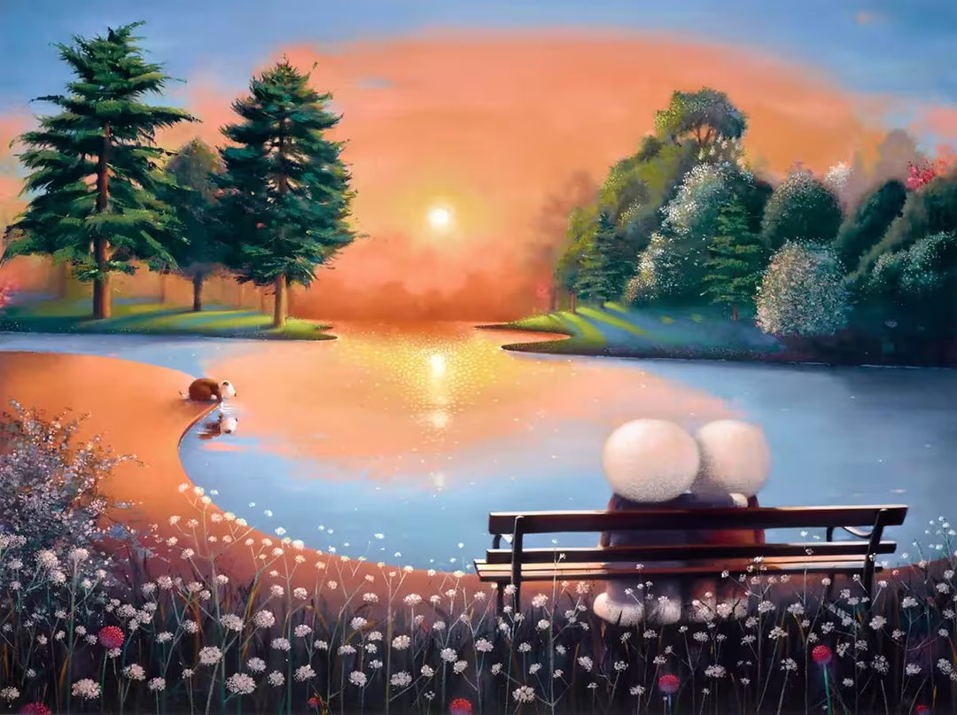A Doug Hyde limited edition of two people sat on a bench watching the sunset over a lake and a dog watching its reflection in the water, the title is Together Time