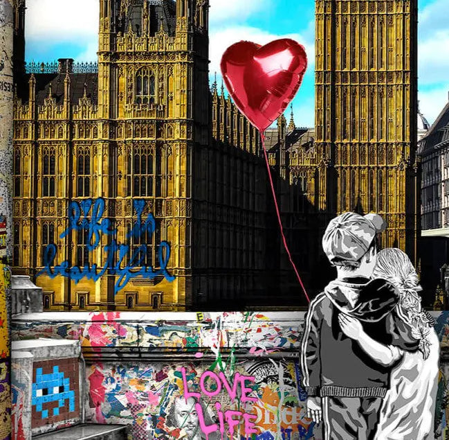 Vibrant silkscreen Together We Dream by Mr. Brainwash, with a romantic view of Big Ben framed by street art and uplifting motifs, limited to 80 editions.