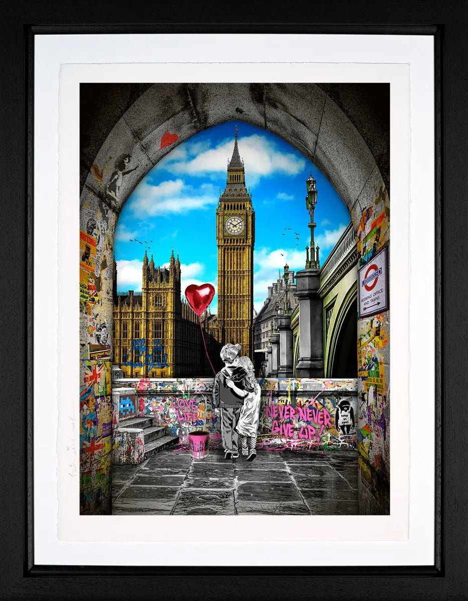 Pop art piece Together We Dream by Mr. Brainwash, blending a romantic cityscape of London with colourful graffiti and uplifting messages.