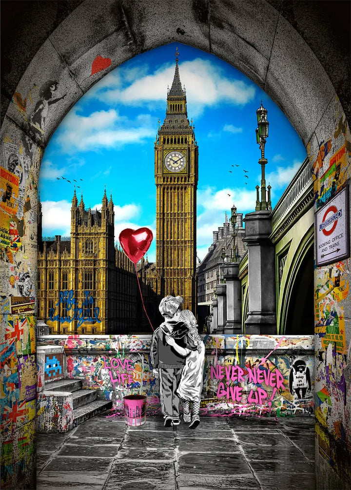 Together We Dream by Mr. Brainwash, featuring a couple admiring Big Ben from the Embankment, framed by vibrant street art motifs and affirmations.