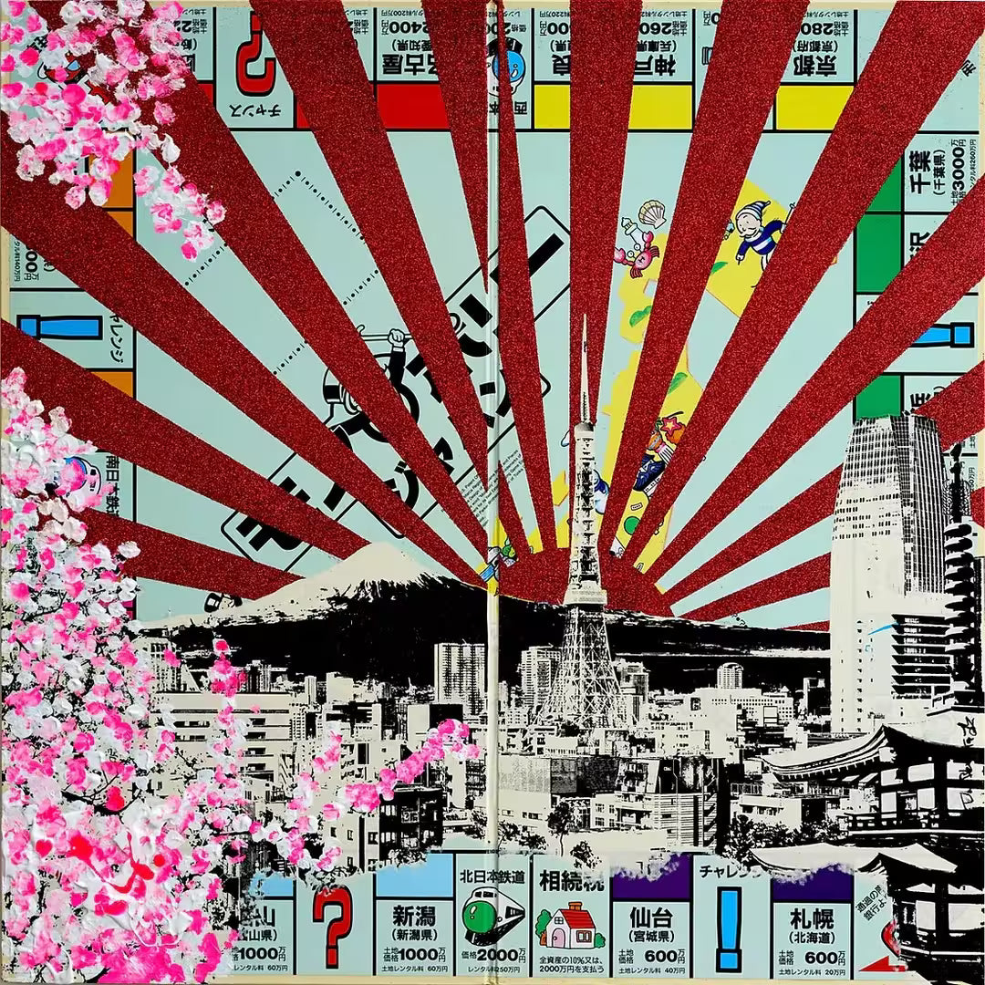 A Jayson Lilley limited edition screen print of a Japanese Monopoly board with Mount Fiji over the top, the title is Tokyo Blossoms