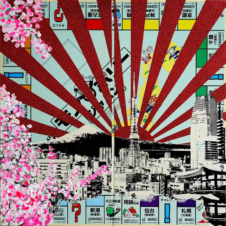 A Jayson Lilley limited edition screen print of a Japanese Monopoly board with Mount Fiji over the top, the title is Tokyo Blossoms