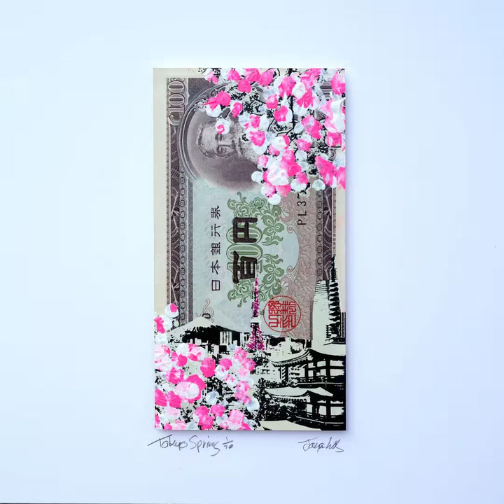 A Jayson Lilley limited edition mixed media of a bank note of Yen with cherry blossoms and Japanese monuments over the top, the title is Tokyo Spring