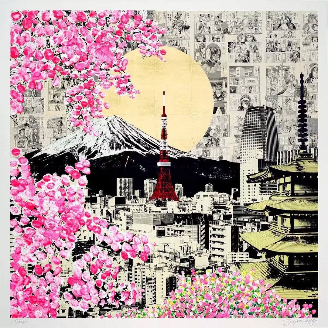 A Jayson Lilley original mixed media screen print of Mount Fiji made up of paint and collage, the title is Tokyo Dremas