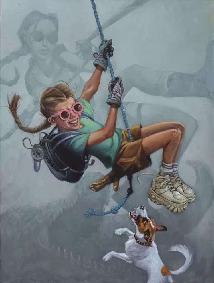 A Craig Davison limited edition of a girl swinging on a rope with her dog jumping up to bite her with Lara Croft in the background, the title is Tomb Me, Tomb You