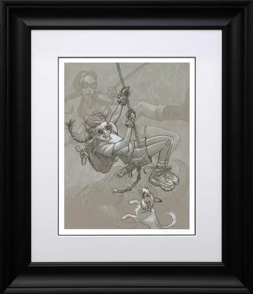 A Craig Davison limited edition of a girl swinging on a rope with her dog jumping up to bite her with Lara Croft in the background, the title is Tomb Me, Tomb You (Sketch)