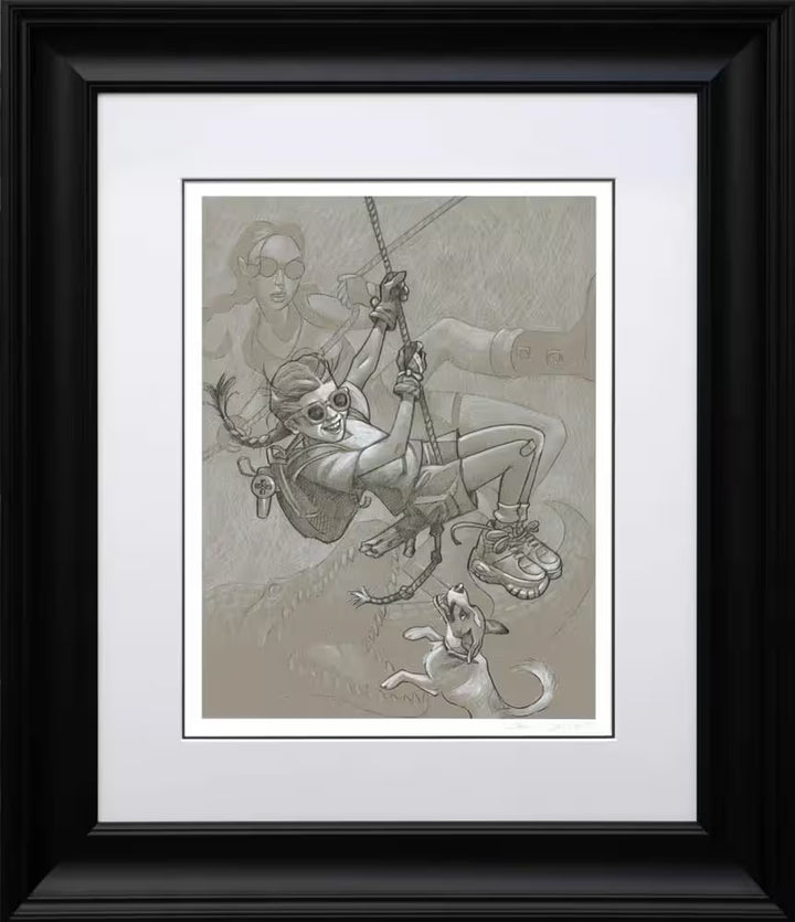 A Craig Davison limited edition of a girl swinging on a rope with her dog jumping up to bite her with Lara Croft in the background, the title is Tomb Me, Tomb You (Sketch)