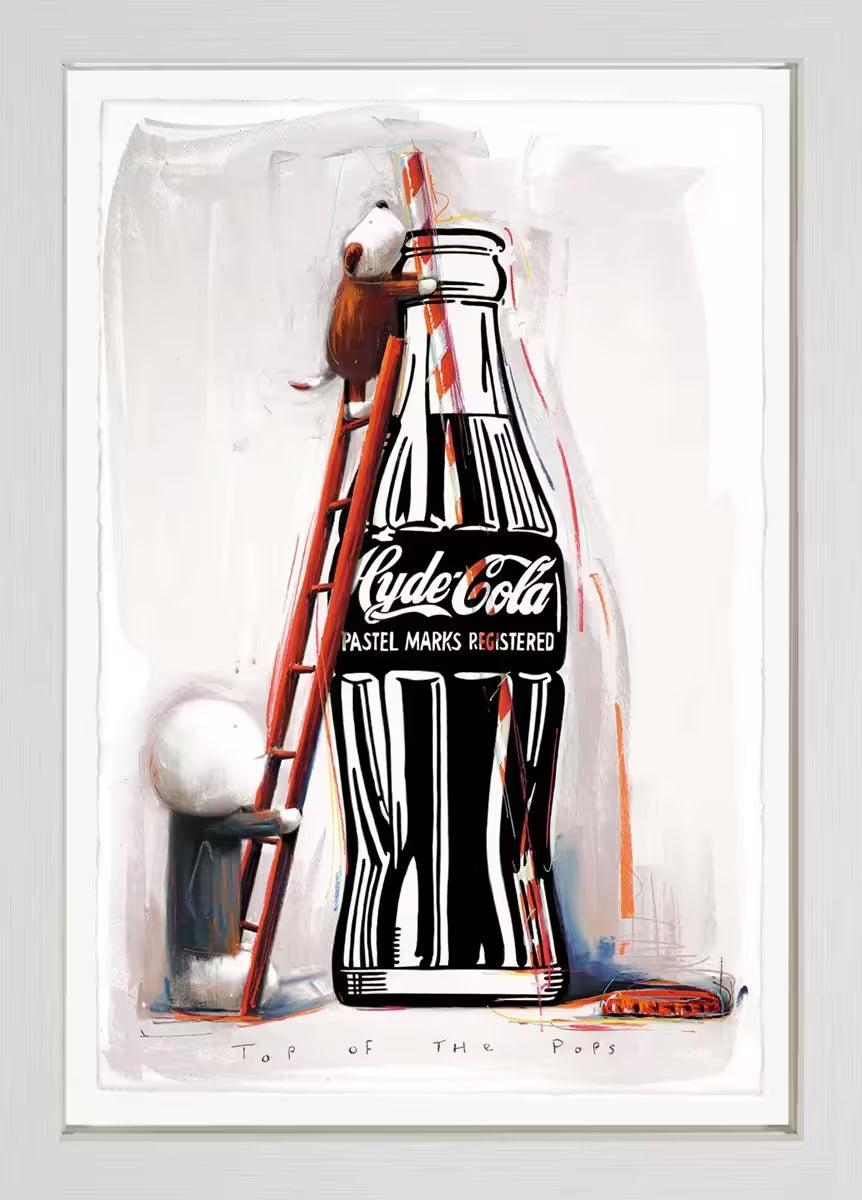A Doug Hyde framed limited edition of a person holding up a ladder with a dog at the top drinking from a bottle reading 'Hyde Cola' from a straw, the title is Top of the Pops