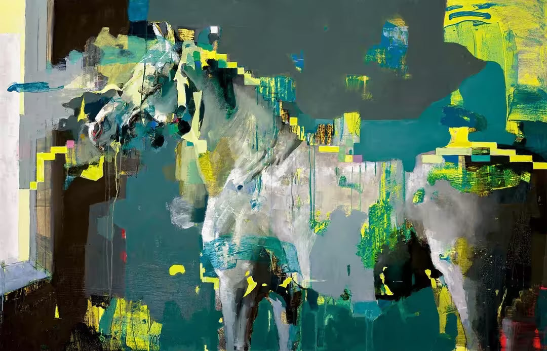 A limited edition piece by Christian Hook of a horse looking out of it's stable and distorted by neon green, the title is Trance Horse in Deep House With Digital Window