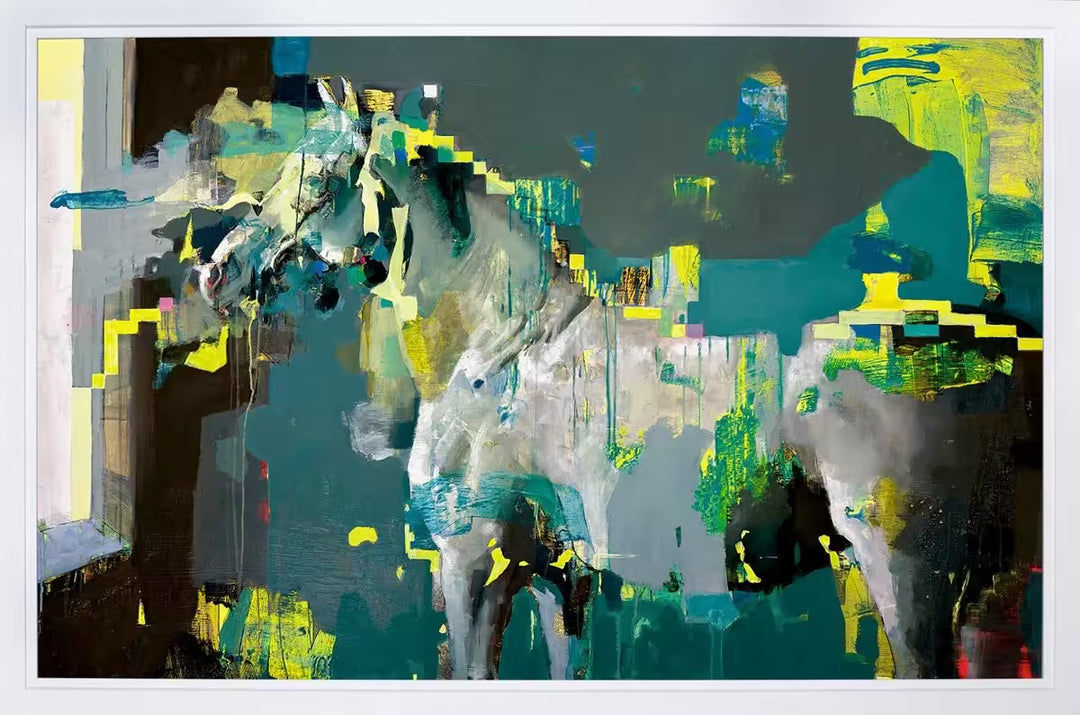 A framed limited edition piece by Christian Hook of a horse looking out of it&