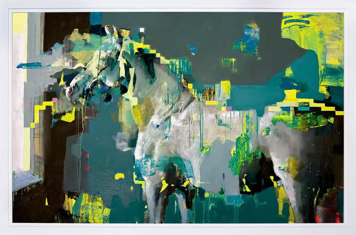 A framed limited edition piece by Christian Hook of a horse looking out of it&
