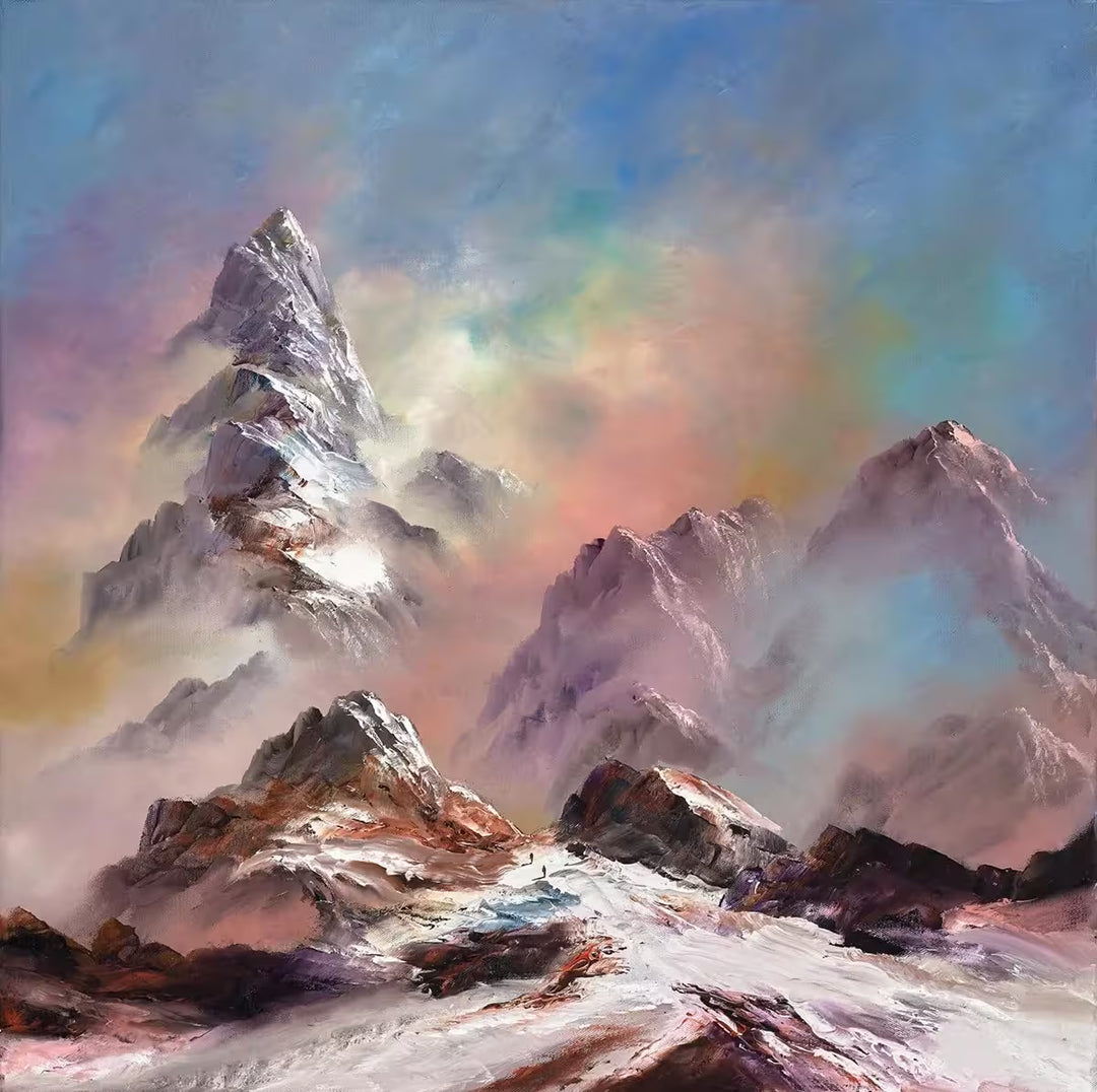 A Philip Gray limited edition of a mountain range surrounded by colorful clouds, the title is Tranquil Heights