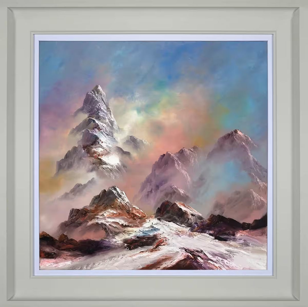 A Philip Gray framed limited edition of a mountain range surrounded by colorful clouds, the title is Tranquil Heights