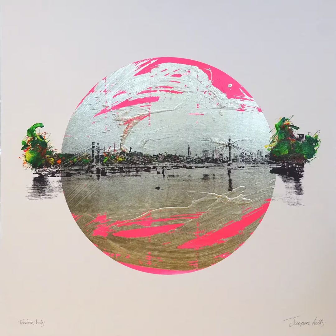A Jayson Lilley limited edition screen print of a circular view of the London Bridge, the title is Trembling Lady