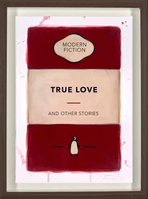 A limited edition framed print by The Connor Brothers of a penguin book cover with a witty line across the front, the title is True Love (Hand Coloured Edition)