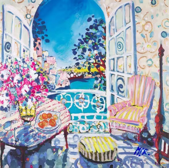 A Michael F. Rumsby limited edition of a bright and colourful Mediterranean balcony, the title is Tuesday Morning