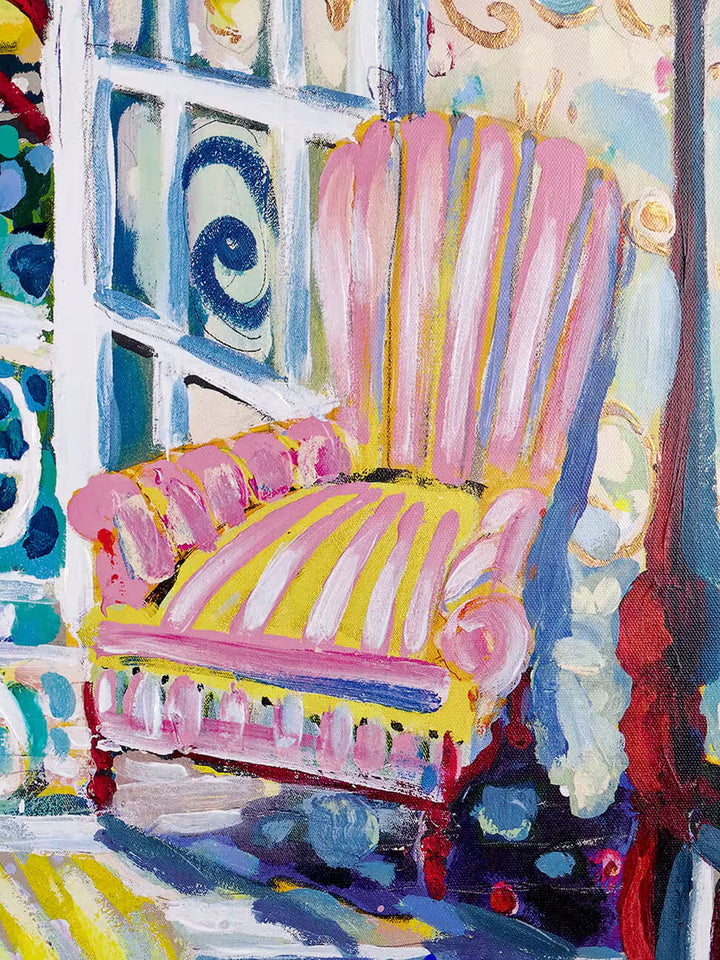 A Michael F. Rumsby limited edition of a bright and colourful Mediterranean balcony, the title is Tuesday Morning