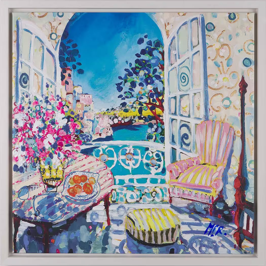 A Michael F. Rumsby framed limited edition of a bright and colourful Mediterranean balcony, the title is Tuesday Morning