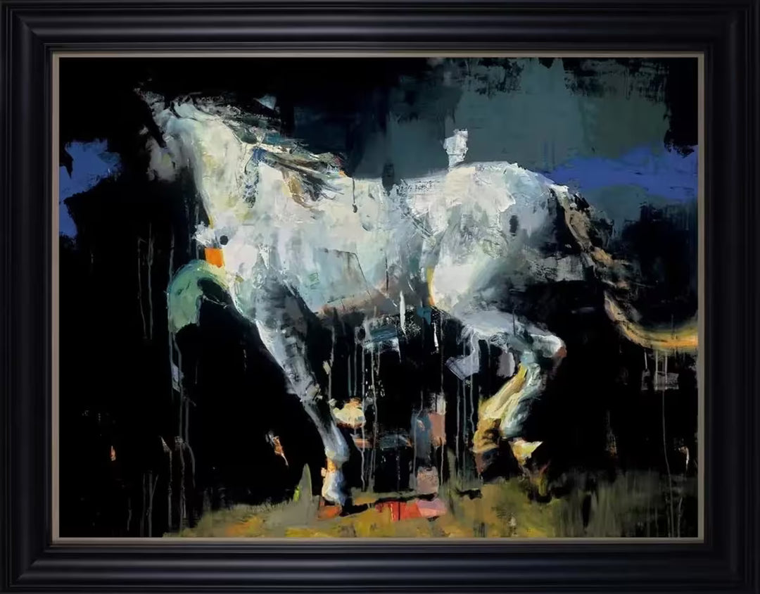 A framed limited edition piece by Christian Hook of a horse in motion in a dark environment, the title is Two Blues And An Orange
