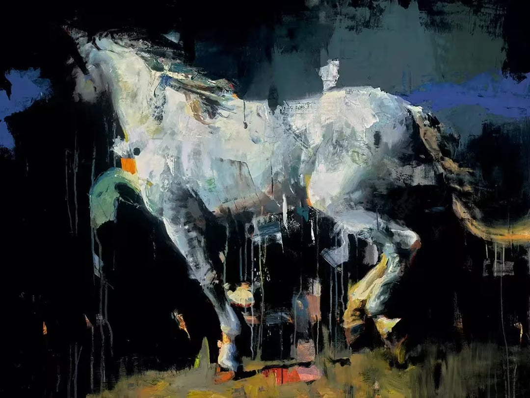 A limited edition piece by Christian Hook of a horse in motion in a dark environment, the title is Two Blues And An Orange