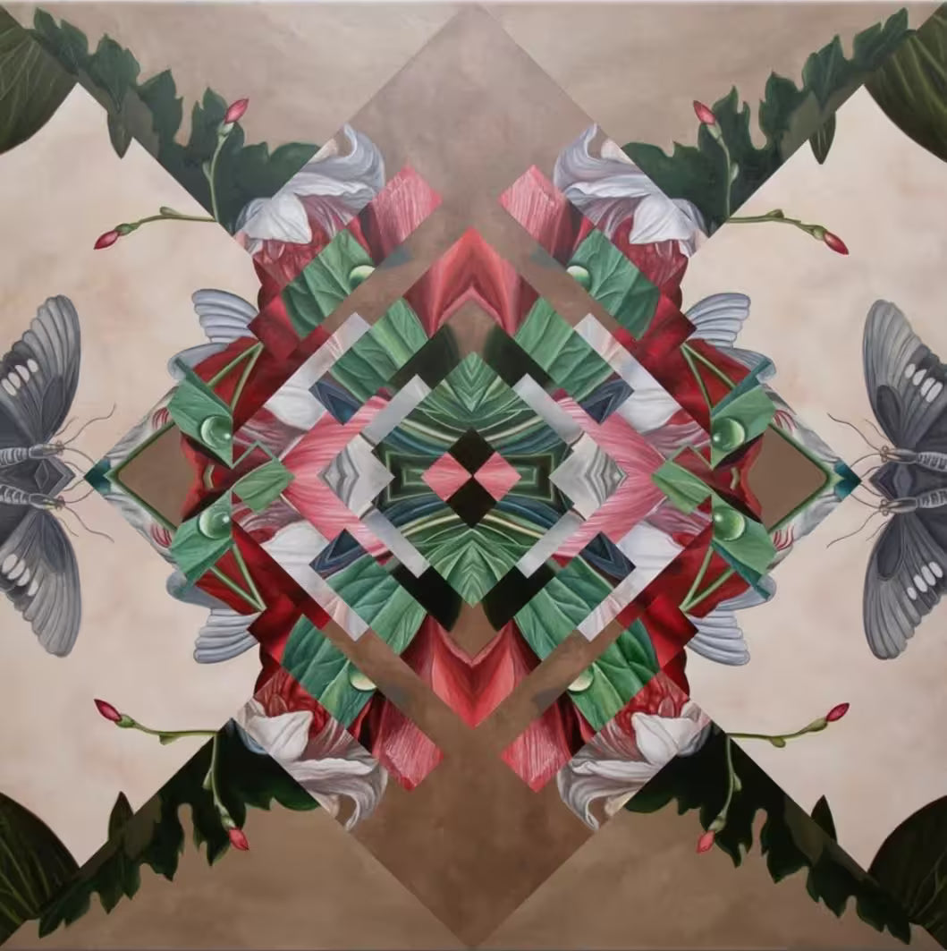 A James Rawson original oil painting of a kaleidoscopic pattern, the title is Unity