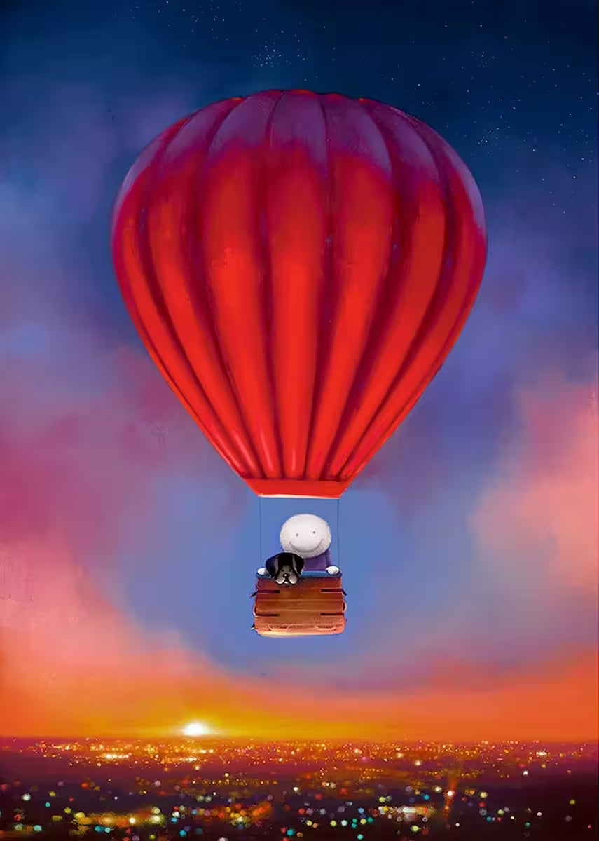A Doug Hyde limited edition of a red hot air below in front of a city skyline at dusk, in the hot air balloon there is a person and a black dog, the title is Up Pup and Away