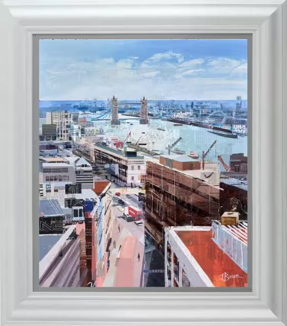 A Tom Butler framed Original collage of a city skyline looking over London bridge using local newspapers and magazine strips, the title is Urban Jungle