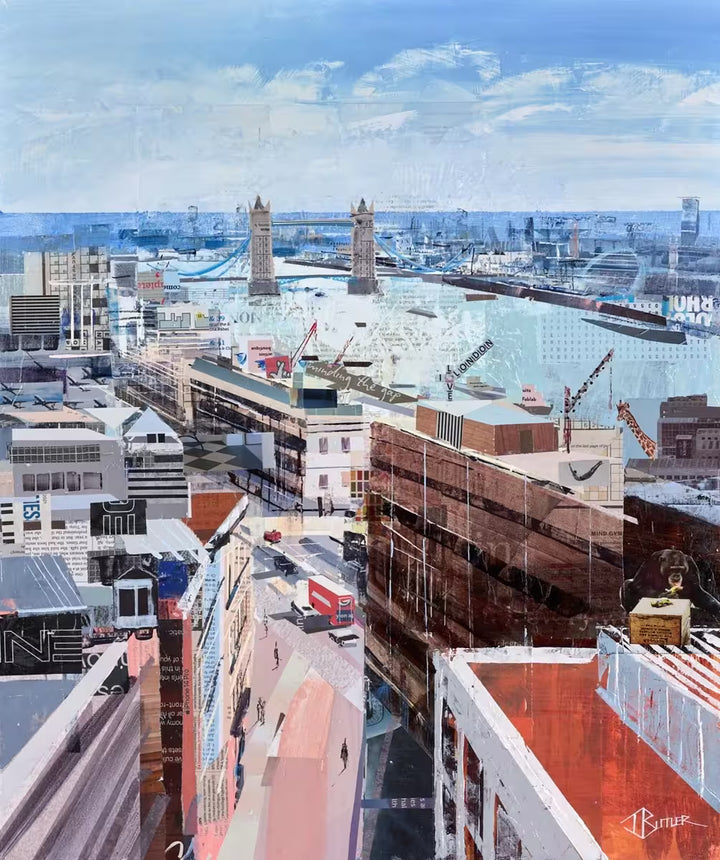 A Tom Butler Original collage of a city skyline looking over London bridge using local newspapers and magazine strips, the title is Urban Jungle