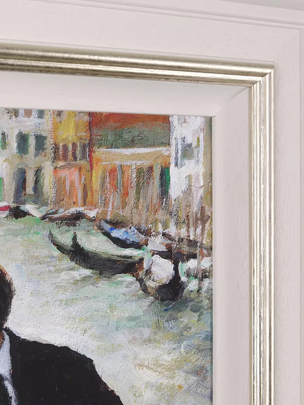 A Fabian Perez limited edition piece of t a couple walking up a set of stairs in front of a river, the title is Venetian Romance