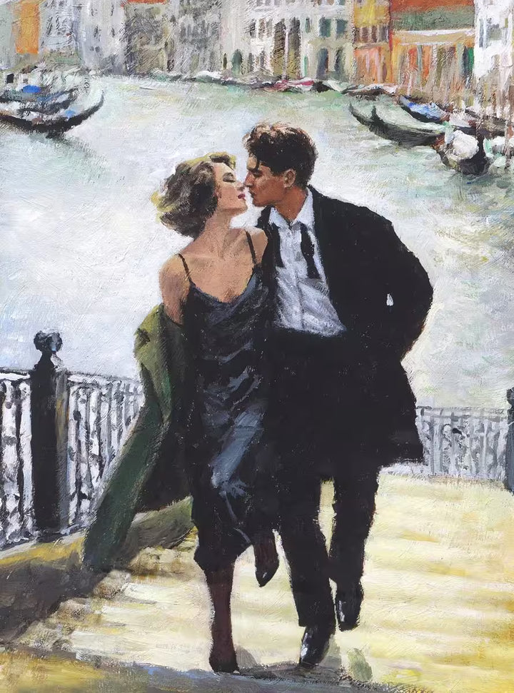 A Fabian Perez limited edition piece of t a couple walking up a set of stairs in front of a river, the title is Venetian Romance
