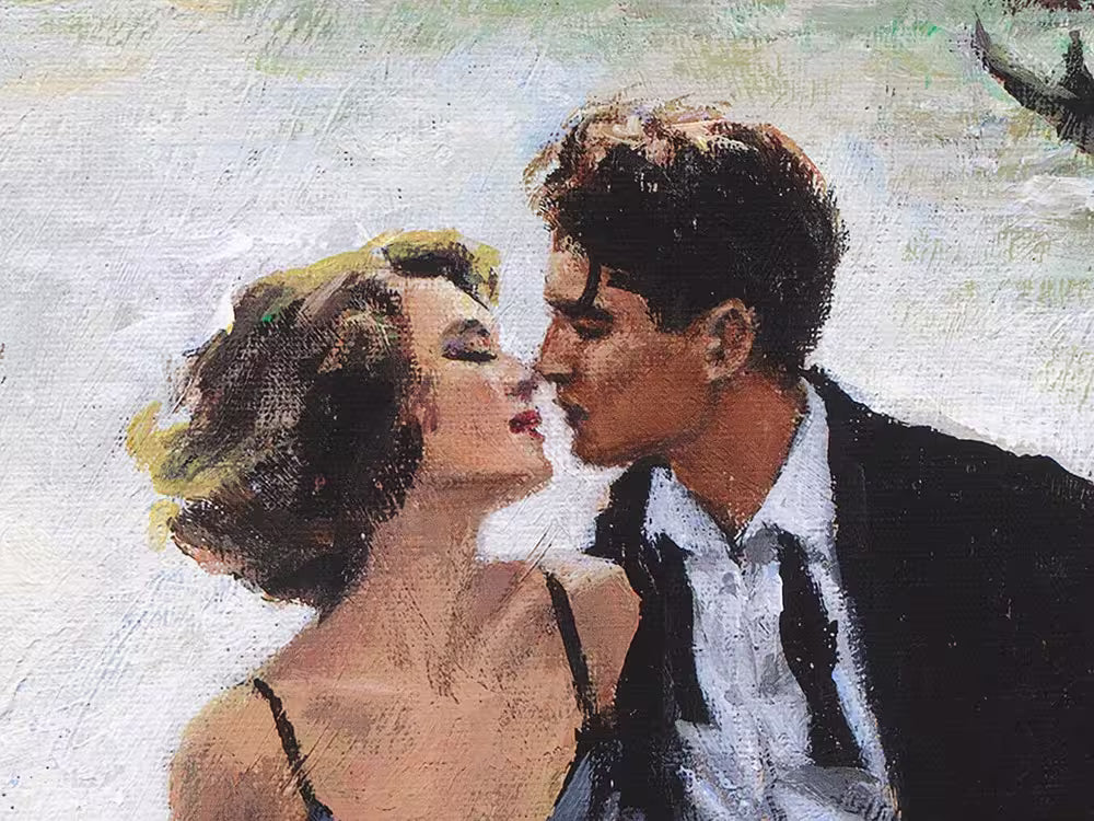 A Fabian Perez limited edition piece of t a couple walking up a set of stairs in front of a river, the title is Venetian Romance