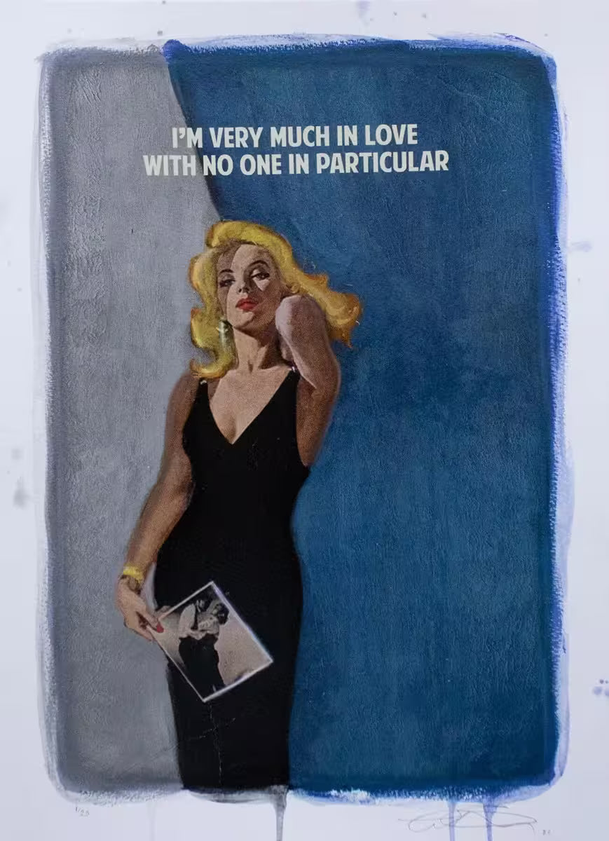 A limited edition print by The Connor Brothers of a lady in a dramatic pose with a witty line above her, the title is I'm Very Much In Love (Blue)