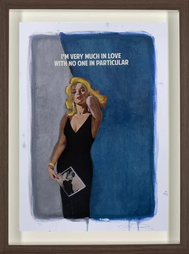 A framed limited edition print by The Connor Brothers of a lady in a dramatic pose with a witty line above her, the title is I&