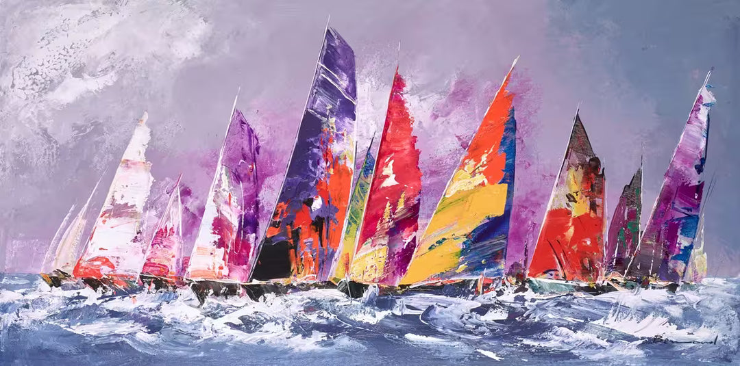 A Bernard original piece of some sailing boats on water, the title is Vibrant Waters