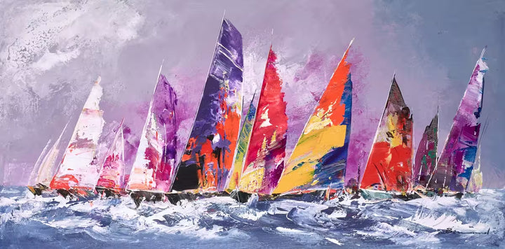 A Bernard original piece of some sailing boats on water, the title is Vibrant Waters