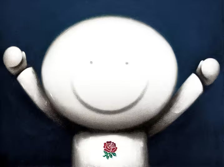 A Doug Hyde limited edition print of a Rugby player celebrating, title is Victorious 